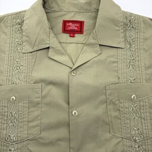 Maximos Yucatan Men's Large Green Embroidered‎ Stripes Cigar Lounge Button Shirt